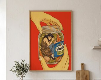 Funny Kitchen Art, Pickle Lover Gift, Surreal Pop Art Print, Quirky Apartment Art, Dopamine Decor, Retro Food Poster, Weird Wall Decor