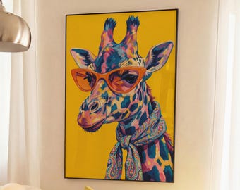 Giraffe Print, Funky Animal in Orange Sunglasses and Paisley Scarf, Yellow Quirky Wall Art, Framed or Unframed Preppy Room Decor