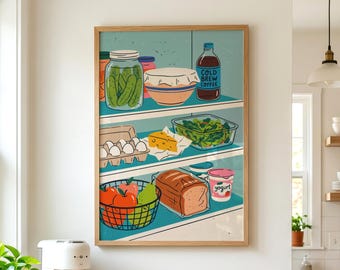 Retro Fridge Poster, Unique Kitchen Wall Decor, Colorful Food Print, Quirky Dining Room Art, Funny Home Decor, Vintage Apartment Artwork
