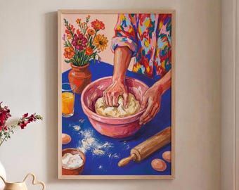 Baking Art Print, Kneading Dough Poster, Colorful Bakery Wall Decor, Framed or Unframed Bright Kitchen Artwork, Pastry Chef Gift