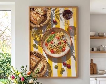 Italian Kitchen Art, Pasta Poster Print, Mediterranean Decor, Dining Room Wall Art, Vintage Food Poster, Summer Still Life, Wine Lover Gift