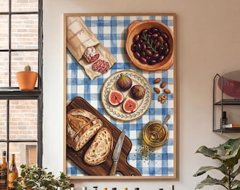 Mediterranean Food Print, Vintage Kitchen Art, Blue Gingham Poster, Rustic Dining Room Decor, Dopamine Decor, Eclectic Charcuterie Art