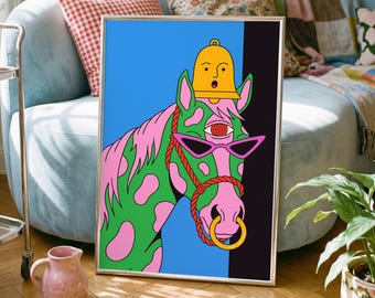 Horse Pop Art, Funky Green and Pink Mare in Cat Eye Sunglasses