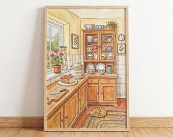 Farmhouse Kitchen Wall Art, Cozy Cottagecore Decor, Watercolor Kitchen Print, Cat Lover Gift, Rustic Dining Room Art, Vintage Home Poster