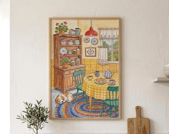 Cozy Farmhouse Kitchen Decor, Cottagecore Wall Art, Vintage Kitchen Print, Rustic Dining Room Art, Dog Lover Gift, Country Home Decor Print