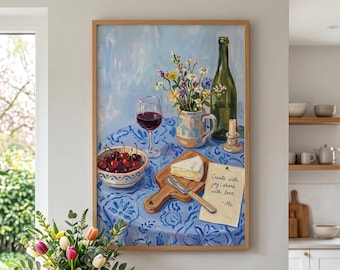 French Country Decor Print, Wine Lover Gift, Romantic Still Life Painting, Dining Room Wall Art, Bar Cart Decor, Inspirational Quote Poster