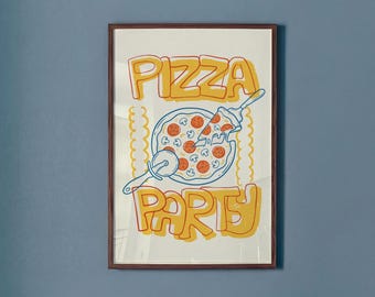 Retro Pizza Party Print, Funny Kitchen Art, Dopamine Decor, Vintage Italian Food Poster, Colorful Dining Room Wall Art, Quirky Accent