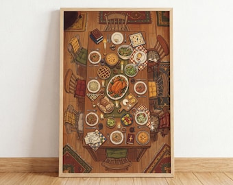 Cozy Dining Room Wall Art, Cottagecore Autumn Feast Print, Vintage Farmhouse Kitchen Decor, Rustic Holiday Table Poster, Cat Lover Gift