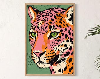 Leopard Print Poster, Pink and Orange Big Cat Face Pop Art