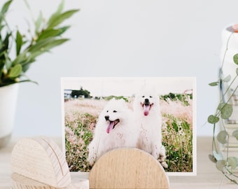 Soporte para fotos con arco de madera clara, tarjetero de madera hecho a mano