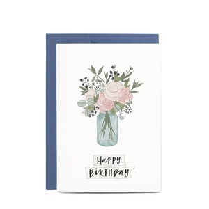 Happy Birthday CUTE Jar Of Flowers Illustrated Greeting Card