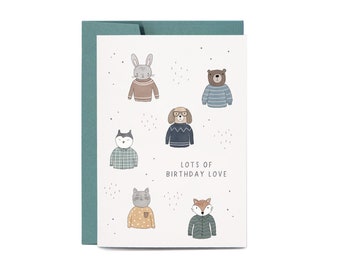 Tarjeta de felicitación de cumpleaños con animales: criaturas dibujadas a mano