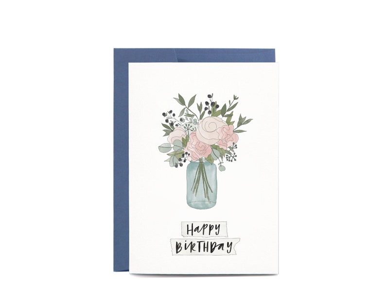 Happy Birthday CUTE Jar Of Flowers Illustrated Greeting Card image 1