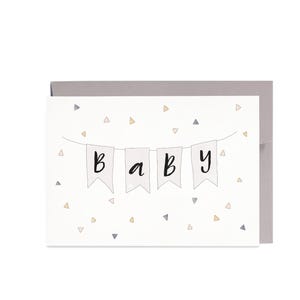 Biglietto d'auguri illustrato per baby shower con festone per neonati