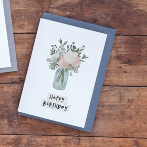 Happy Birthday CUTE Jar Of Flowers Illustrated Greeting Card image 4
