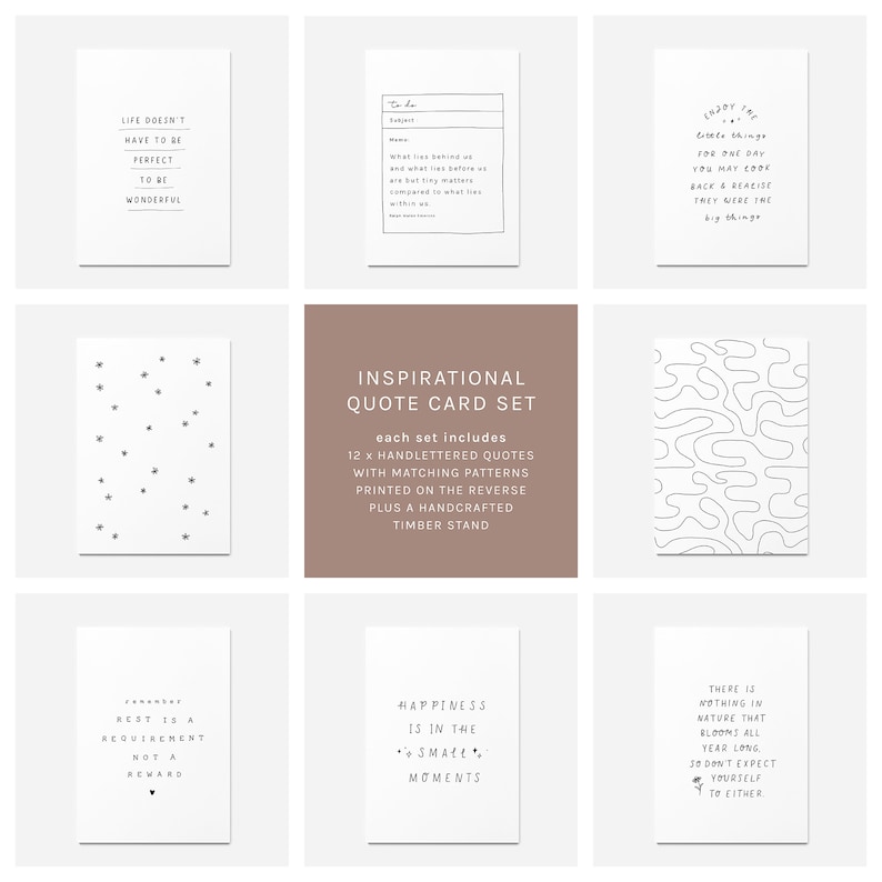 May include: An inspirational quote card set featuring 12 hand-lettered quotes with matching patterns on the reverse side. The set includes a handcrafted timber stand. The cards are white with black text and designs.