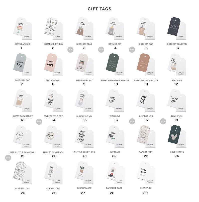 May include: A collection of white gift tags with various designs and text, including "Birthday Cake," "Botanic Birthday," and "Happy Birthday." Each tag has a unique illustration, such as a cake, bear, or confetti. The text "Gift Tags" is at the top.