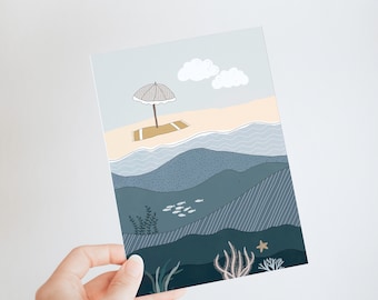 Landscape OCEAN SEA BEACH Hand Illustrated Art Print