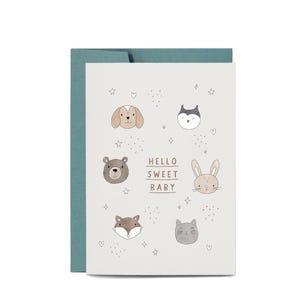 NUEVA Tarjeta de felicitación ilustrada para BABY SHOWER con adorables animales bebés
