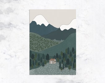 Landscape FOREST MOUNTAINS Hand Illustrated Art Print
