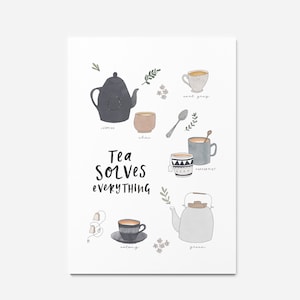 May include: A watercolour illustration of different teas, such as jasmine, chai, earl grey, and peppermint, with teapots, cups, and tea bags. The words "Tea Solves Everything" are written in the centre. The artwork is set against a white background.