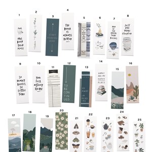 May include: A selection of 25 decorative bookmarks with diverse designs. Some bookmarks feature text such as "Owl Keep Your Place" and "Start Reading Here." Other designs include illustrations of books, landscapes, and floral patterns. The bookmarks are rectangular and made of paper.