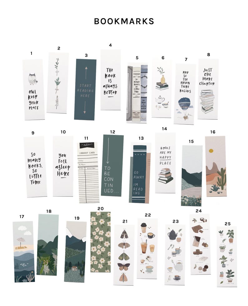 May include: A selection of 25 decorative bookmarks with diverse designs. Some bookmarks feature text such as "Owl Keep Your Place" and "Start Reading Here." Other designs include illustrations of books, landscapes, and floral patterns. The bookmarks are rectangular and made of paper.