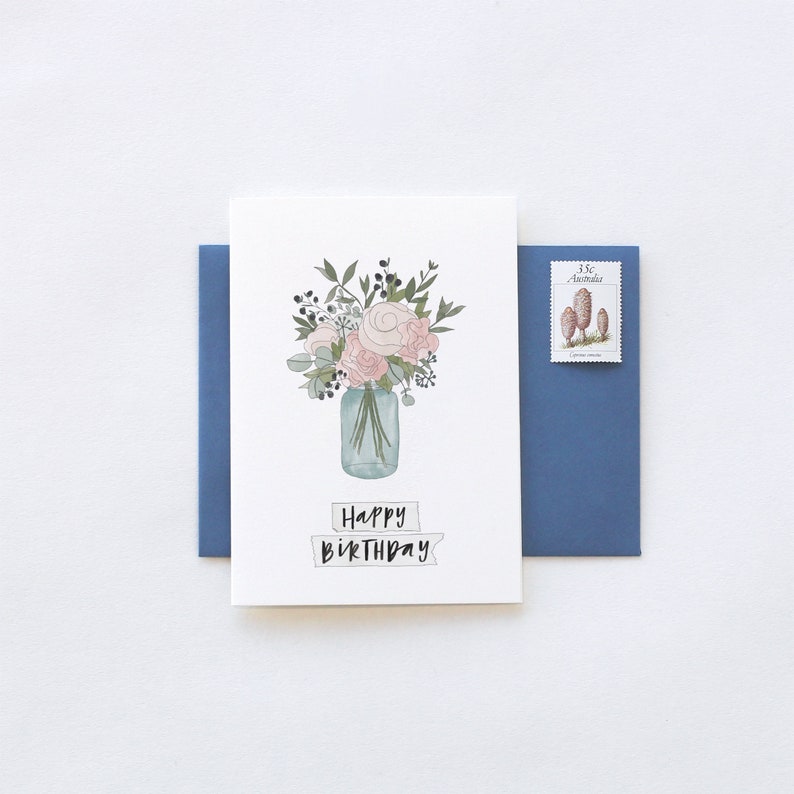 Happy Birthday CUTE Jar Of Flowers Illustrated Greeting Card image 2