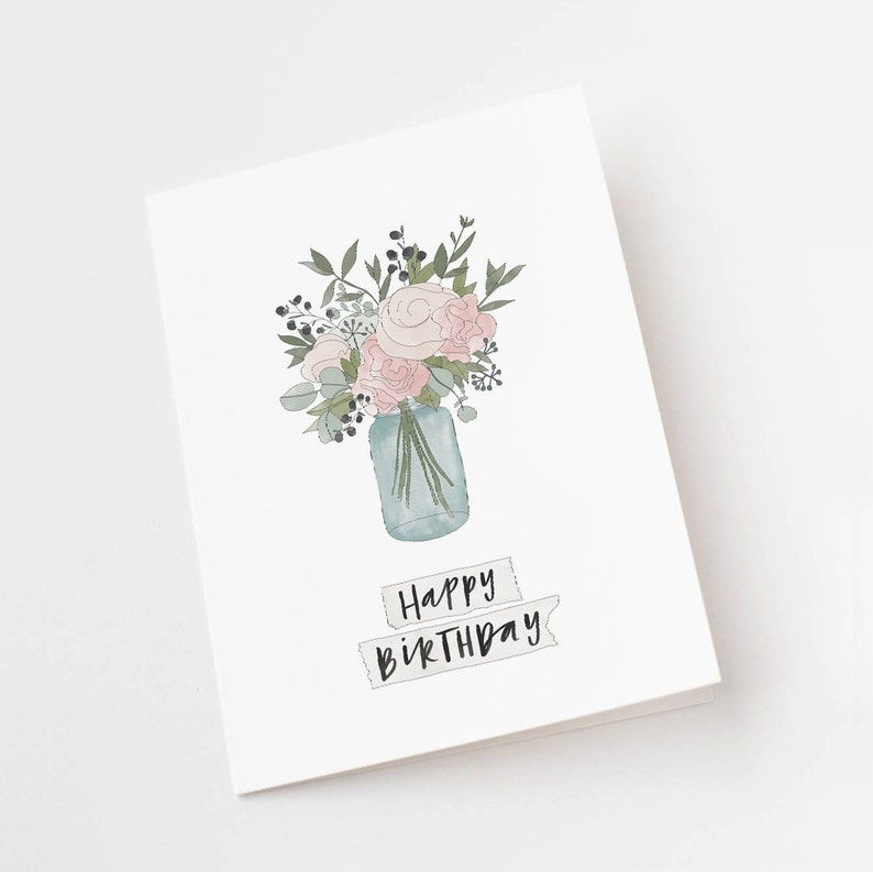 Happy Birthday CUTE Jar Of Flowers Illustrated Greeting Card image 5