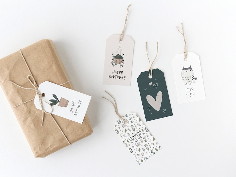 May include: A wrapped brown paper package with a gift tag that says "just because". Additional gift tags include a hanging plant, a heart, an owl, and a floral design. The tags are tied with twine and are on a white background.