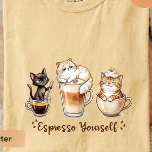 Espresso Yourself Cat Shirt, Funny Coffee Pun Tee, Cat Latte Lover Gift for Her, Cute Barista Cat Mom, Watercolor Cafe Kitten