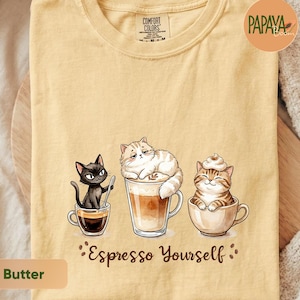 Espresso Yourself Cat Shirt, Funny Coffee Pun Tee, Cat Latte Lover Gift for Her, Cute Barista Cat Mom, Watercolor Cafe Kitten