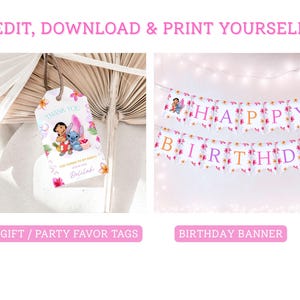K&ouml;nnte beinhalten: Ein Geschenkanh&auml;nger und ein Geburtstagsbanner mit tropischem Thema. Der Geschenkanh&auml;nger sagt "Danke" und zeigt Zeichentrickfiguren. Das Banner schreibt "Happy Birthday" mit floralen Akzenten. Der Text oben lautet "Bearbeiten, herunterladen und selbst drucken".