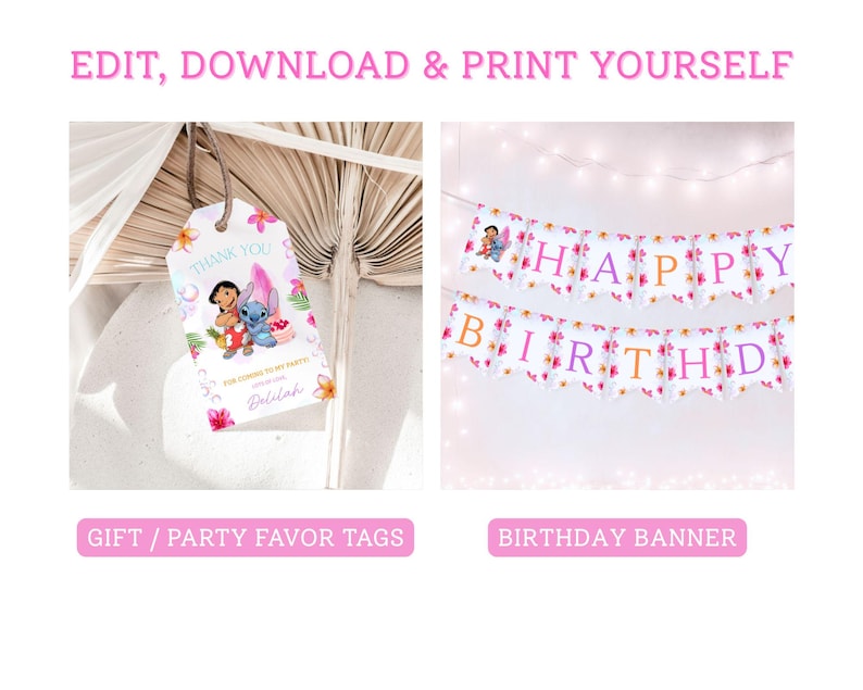 K&ouml;nnte beinhalten: Ein Geschenkanh&auml;nger und ein Geburtstagsbanner mit tropischem Thema. Der Geschenkanh&auml;nger sagt "Danke" und zeigt Zeichentrickfiguren. Das Banner schreibt "Happy Birthday" mit floralen Akzenten. Der Text oben lautet "Bearbeiten, herunterladen und selbst drucken".