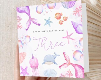 Personalised Mermaid 3rd Birthday Card | Under The Sea Pastel Ocean Theme