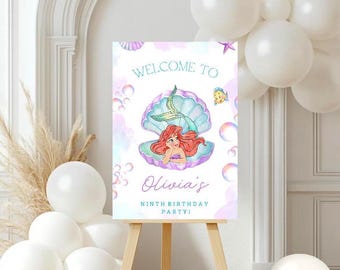 Modello di cartello di benvenuto per compleanno a tema sirena / Cartello per feste modificabile e stampabile / Download digitale Canva / Decorazione per compleanno di bambina / La Sirenetta