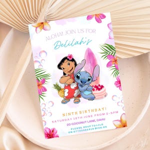 May include: A white invitation card with a tropical theme. The card features the characters Lilo and Stitch, along with pink flowers, a surfboard, and a cake. Text includes "Aloha! Join us for Delilah's Ninth Birthday!" and event details.