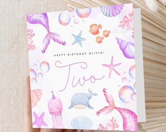Personalised Mermaid 2nd Birthday Card | Under The Sea Ocean Theme 6x6 inches