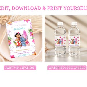 K&ouml;nnte beinhalten: Party-Einladung und Wasserflaschenetiketten mit einer Zeichentrickfigur. Die Einladung ist helllila mit floralen Akzenten und dem Text "Aloha! Feiern Sie mit uns Delilahs neunten Geburtstag!" Die Wasserflaschen haben passende Etiketten.