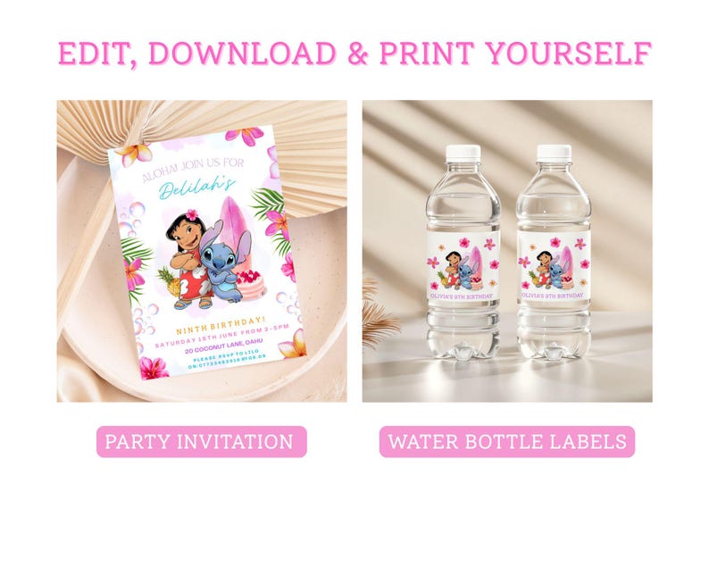 K&ouml;nnte beinhalten: Party-Einladung und Wasserflaschenetiketten mit einer Zeichentrickfigur. Die Einladung ist helllila mit floralen Akzenten und dem Text "Aloha! Feiern Sie mit uns Delilahs neunten Geburtstag!" Die Wasserflaschen haben passende Etiketten.