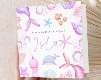Personalised Mermaid Birthday Card | Under The Sea Pastel Ocean Theme 6x6 Luxury Card