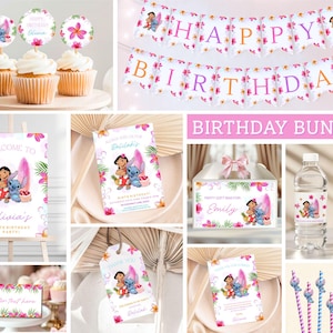 K&ouml;nnte beinhalten: Ein Geburtstags-Set mit Lilo & Stitch-Motiven. Es enth&auml;lt Cupcake-Topper, ein "Happy Birthday" Banner, ein Willkommensschild, Geschenkanh&auml;nger, Wasserflaschenetiketten und Strohhalme. Die Dekorationen haben rosa und lila Blumenmuster.