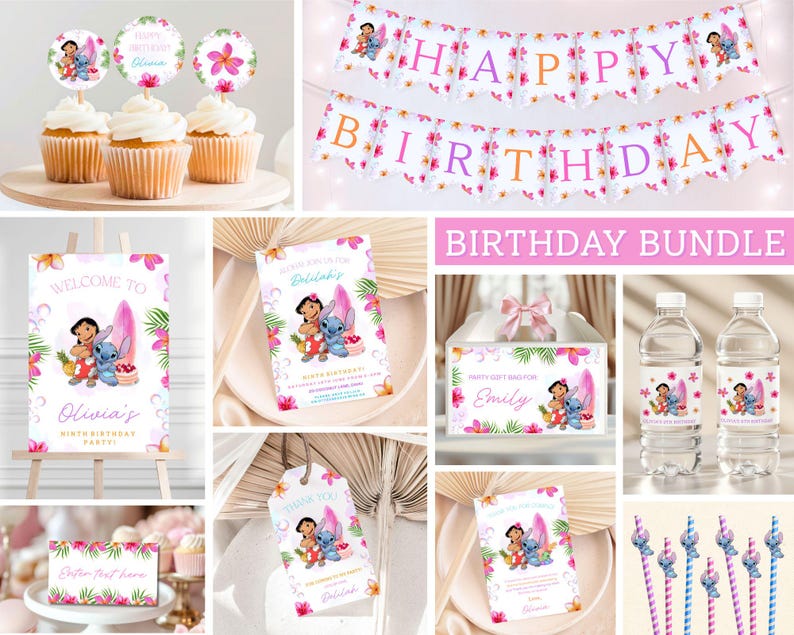 K&ouml;nnte beinhalten: Ein Geburtstags-Set mit Lilo & Stitch-Motiven. Es enth&auml;lt Cupcake-Topper, ein "Happy Birthday" Banner, ein Willkommensschild, Geschenkanh&auml;nger, Wasserflaschenetiketten und Strohhalme. Die Dekorationen haben rosa und lila Blumenmuster.