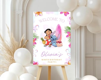 Modello di cartello di benvenuto per il compleanno di Stitch / Lilo e Stitch / Cartello per feste modificabile e stampabile / Download digitale da Canva / Decorazione per compleanno
