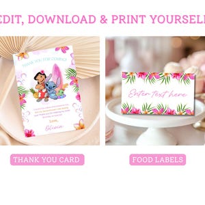 K&ouml;nnte beinhalten: Ein Set druckbarer Partydekorationen mit tropischem Thema. Das Bild zeigt eine Dankeskarte mit einer Cartoonfigur und ein Lebensmitteletikett mit Platz f&uuml;r Text. Auf der Karte steht "Danke f&uuml;r dein Kommen" und "Love, Olivia".