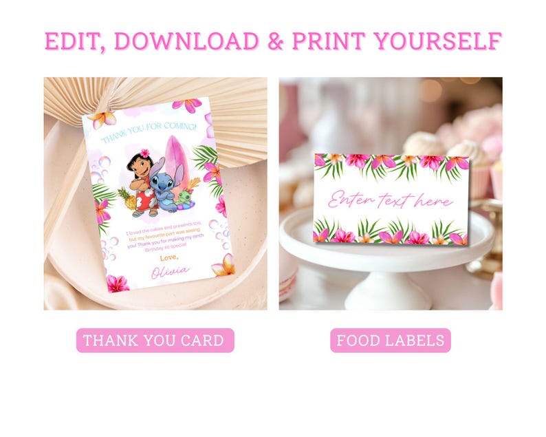 K&ouml;nnte beinhalten: Ein Set druckbarer Partydekorationen mit tropischem Thema. Das Bild zeigt eine Dankeskarte mit einer Cartoonfigur und ein Lebensmitteletikett mit Platz f&uuml;r Text. Auf der Karte steht "Danke f&uuml;r dein Kommen" und "Love, Olivia".