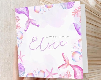 Personalised Mermaid Birthday Card | Under The Sea Pastel Ocean Theme (6x6 Luxury Card)