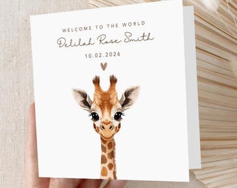 Personalised Giraffe New Baby Card | Safari Welcome World (6x6 Luxury Card)