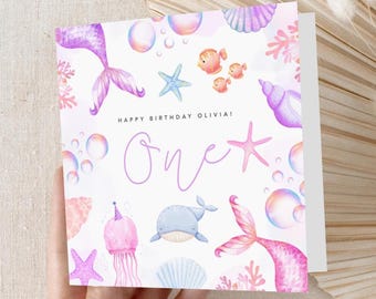 Personalised Mermaid 1st Birthday Card | Under The Sea Pastel Ocean Theme (6x6 inches)