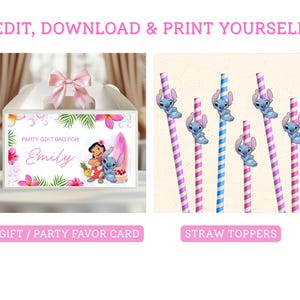 K&ouml;nnte beinhalten: Eine wei&szlig;e Geschenkt&uuml;te mit einer rosa Schleife, mit einem Design mit dem Text "Party Gift Bag For Emily" und Illustrationen von Lilo & Stitch. Au&szlig;erdem gestreifte Strohhalme mit Stitch-Toppern.